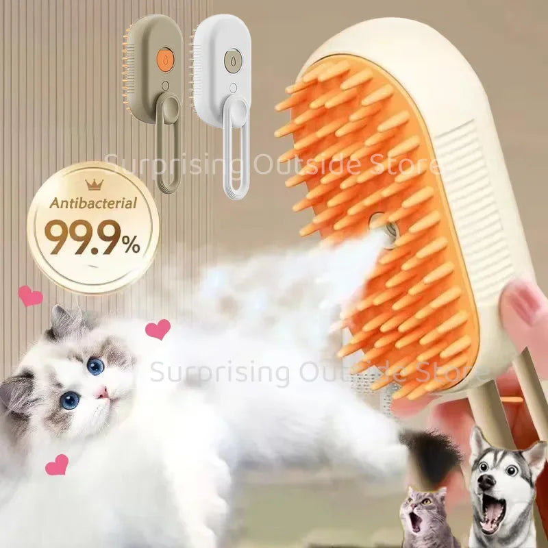 Cat Dog Pet Spray Massage Brush 3 in 1 One Button Steam Spray (White)