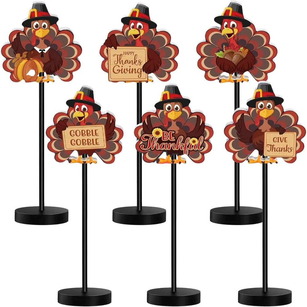 Set of 6 Rustic Turkey Thanksgiving Table Signs Tall Standing Wooden Farmhouse Centerpiece Decor