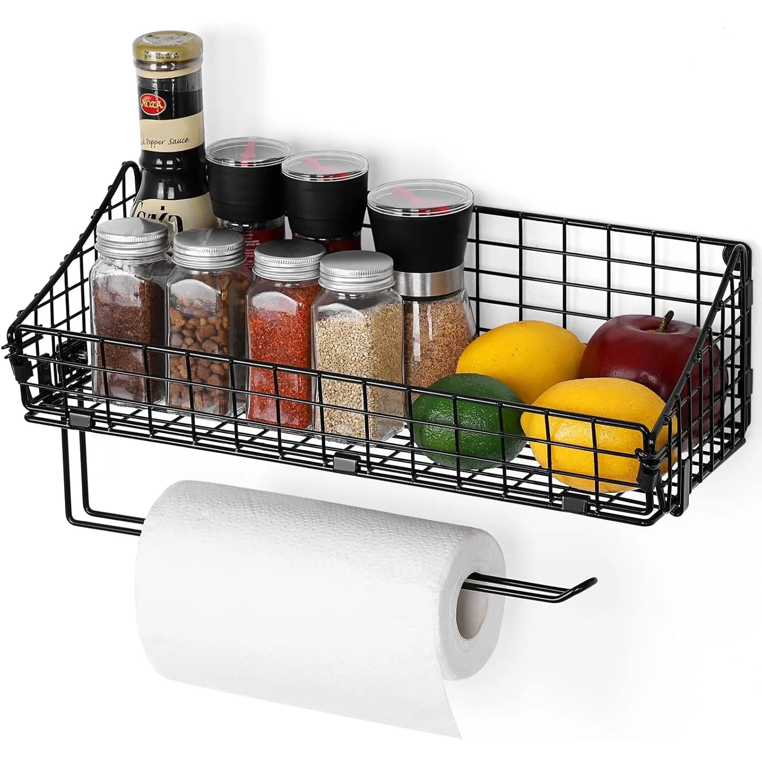 Metal Kitchen Bathroom Wall Organizer with Paper Towel Holder (Black)