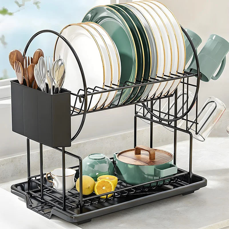 Double-Layer Dish Drainer with Utensil Holder for Kitchen Organization