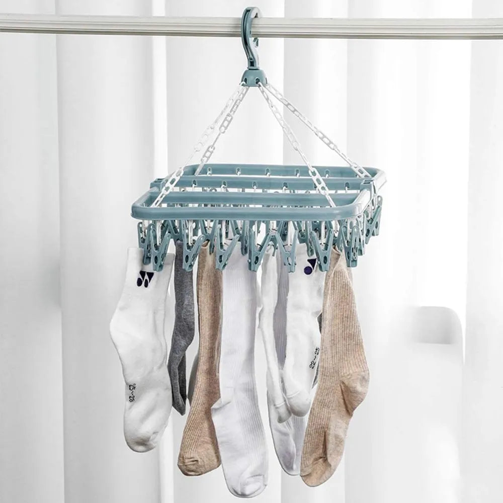 Clothes Drying Hanger with 32 Clips Foldable Laundry Rack for Socks & Underwear (Blue)