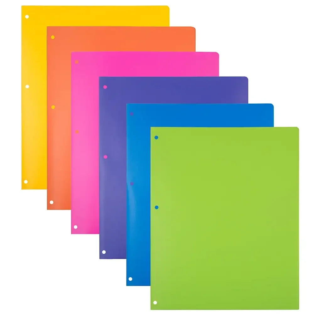 3-Hole Punched Plastic Folders with Pockets, 6-Pack