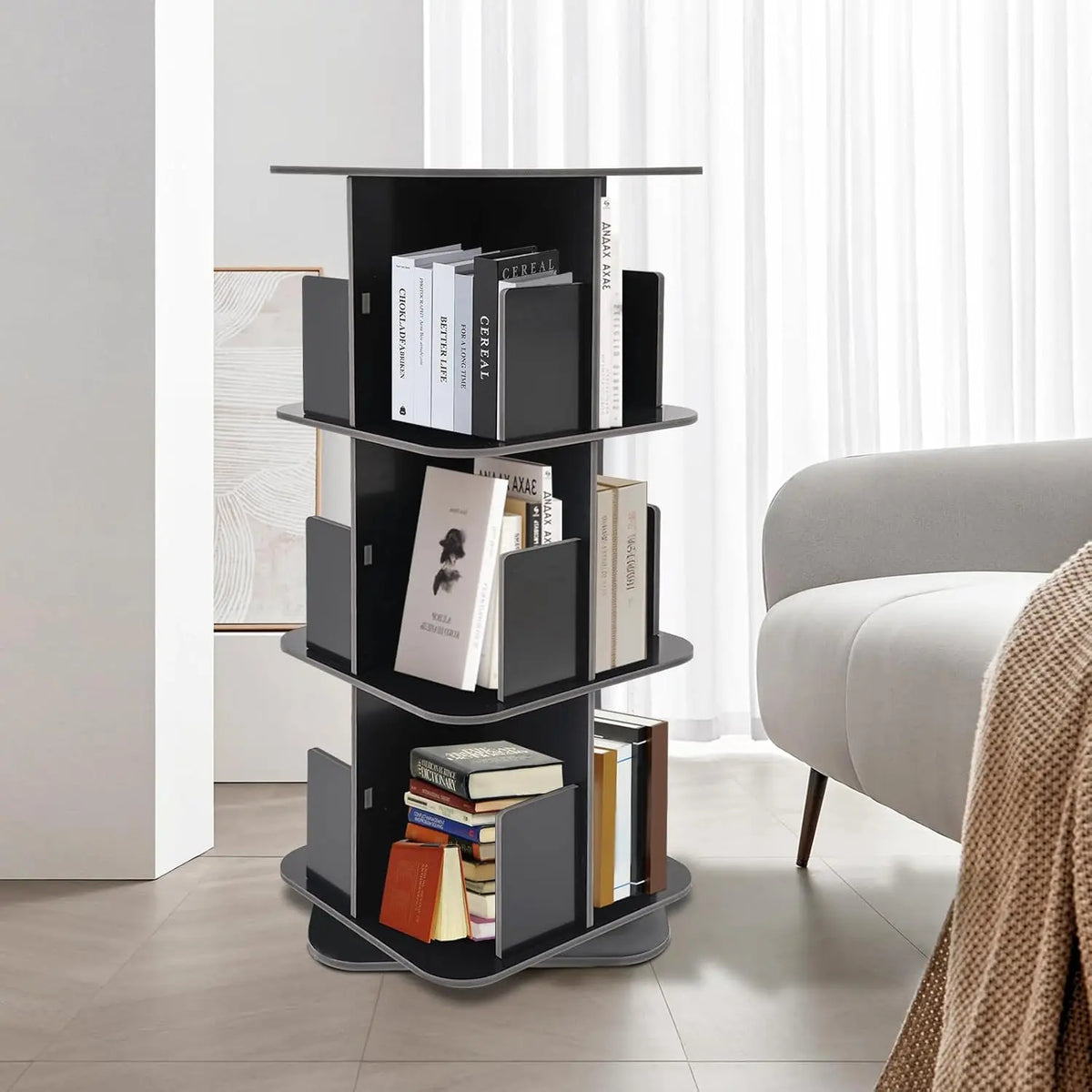 Corner Rotating Bookcase 3-Tier 360° Rotating Bookshelf Storage Rack