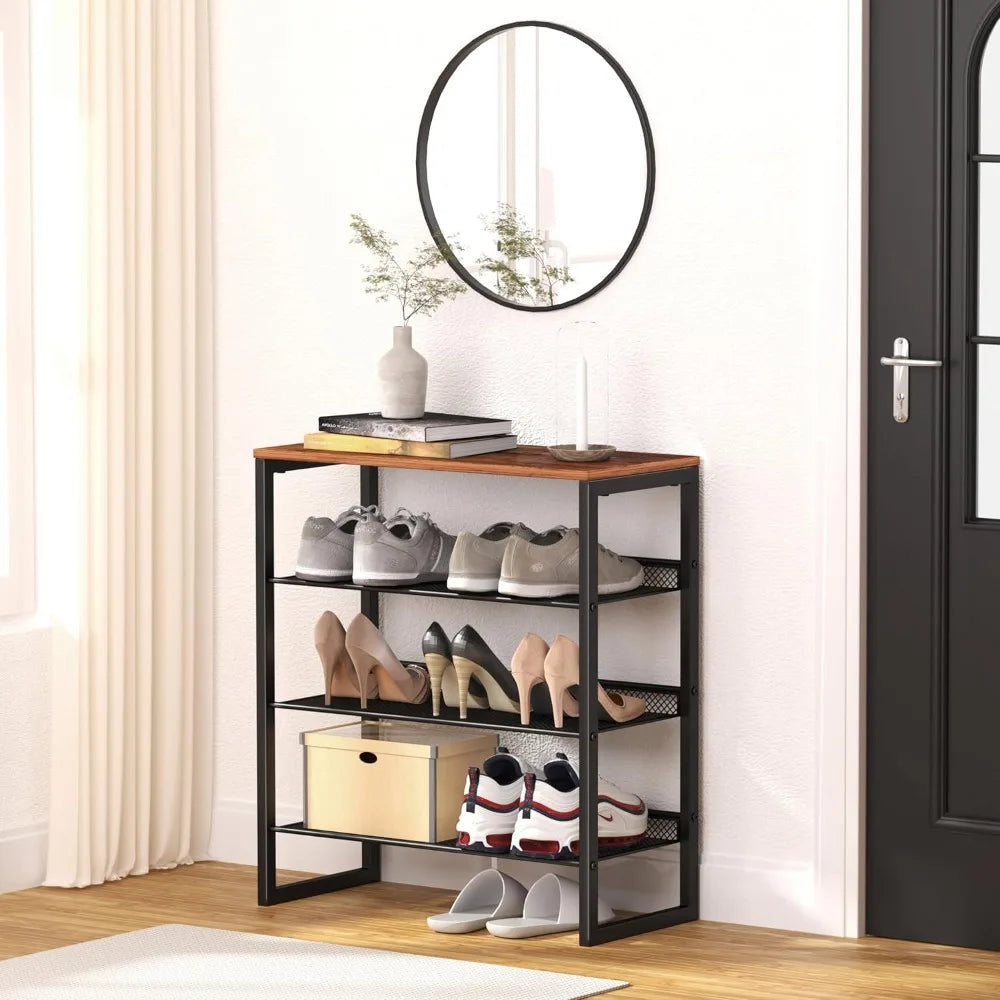 Durable 4-Tier Metal Shoe Stand with Spacious Top for Closets