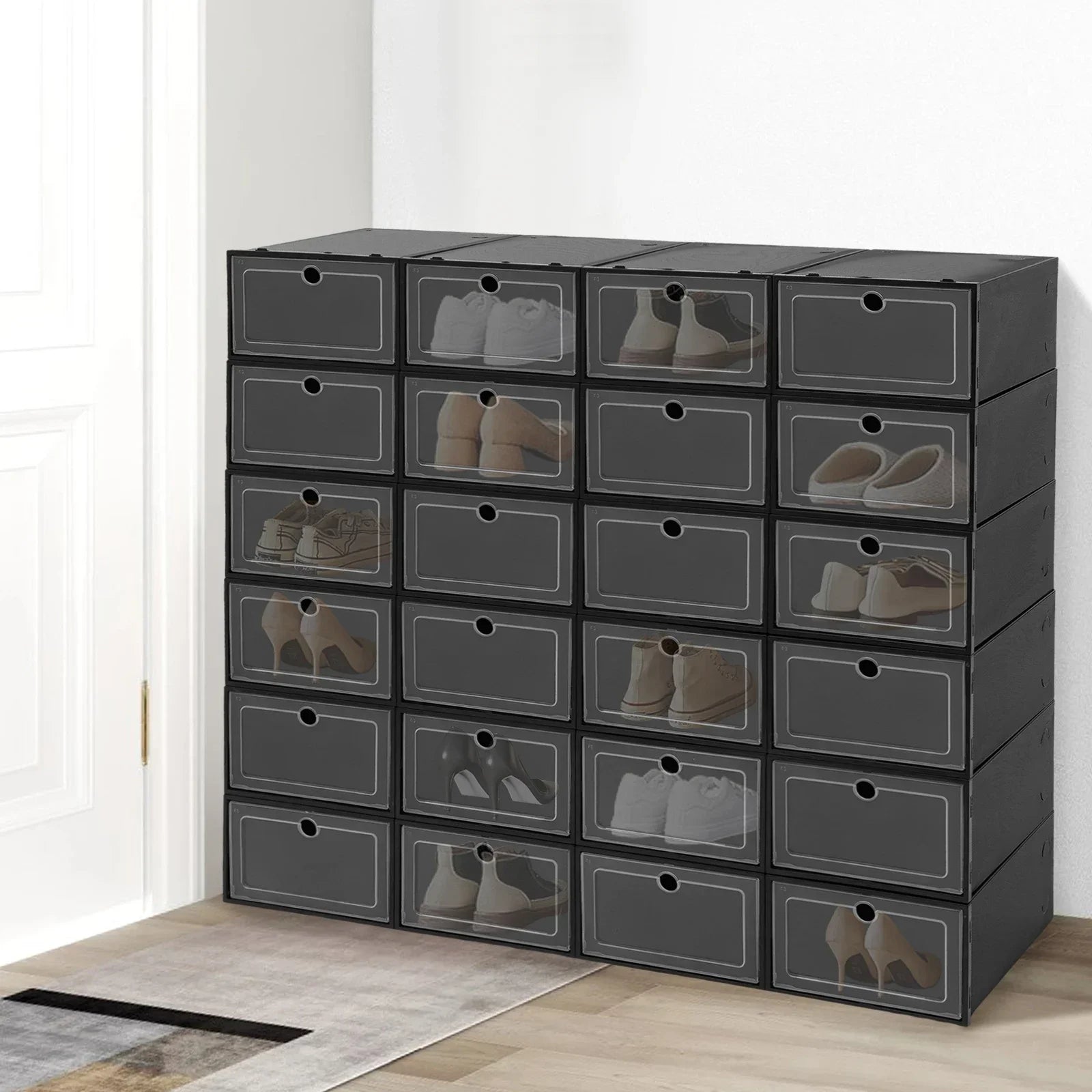 24-Pack Stackable Shoe Storage Box with Clear Front Door (Black)