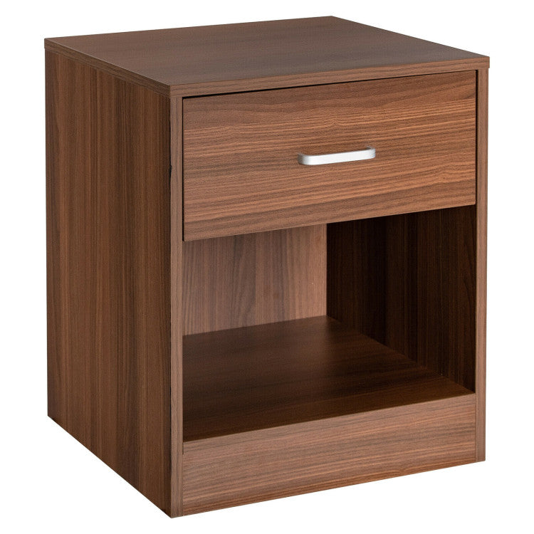2 Tier Wooden Nightstand Storage Drawer Open Cabinet (Brown)