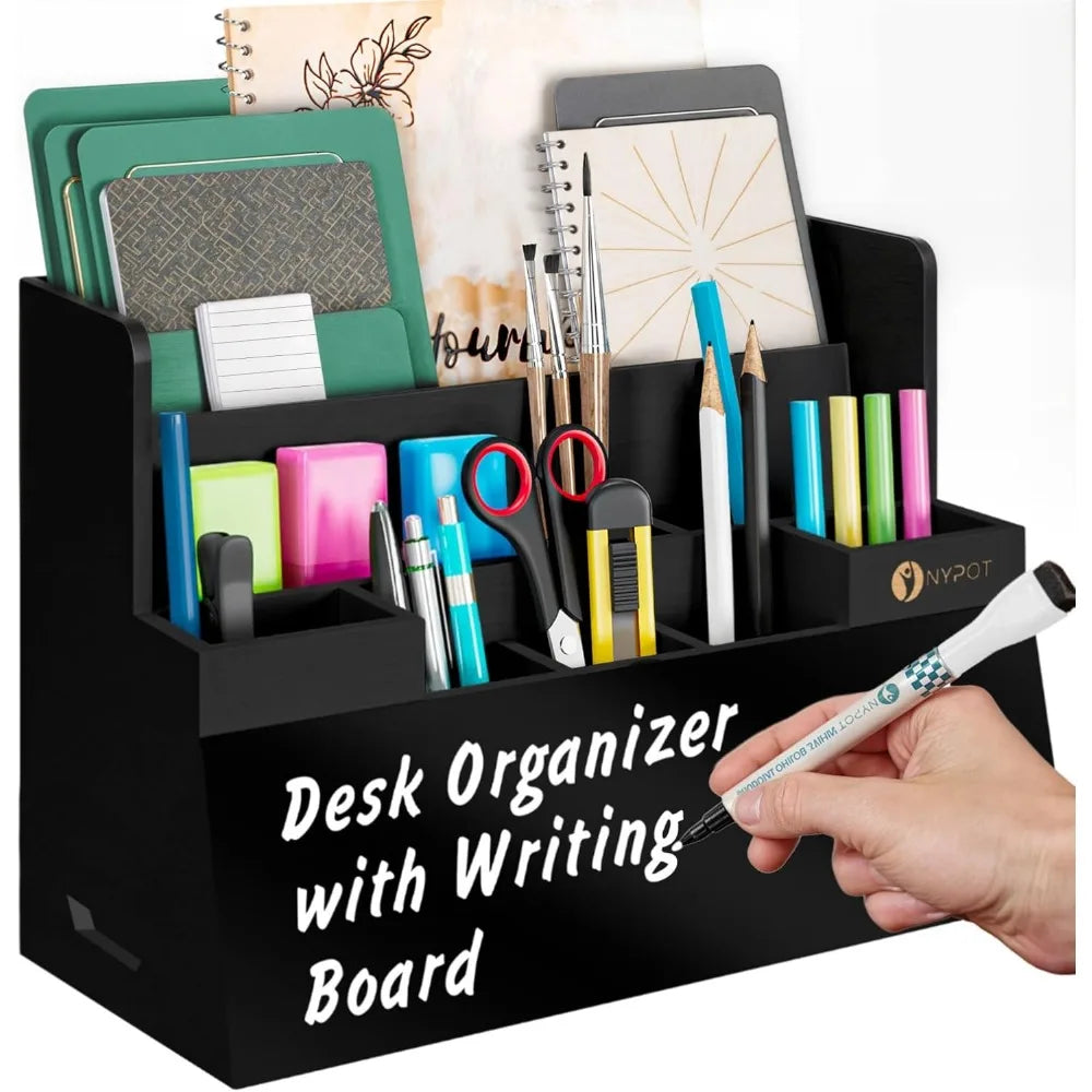 Multifunctional Desk Organizer Wood Desktop Storage with Drawers (Black)