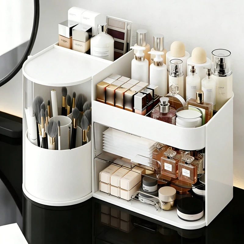 2-Tier Rotating Makeup Organizer with Brush Holder – Large-Capacity Skincare and Cosmetic Storage