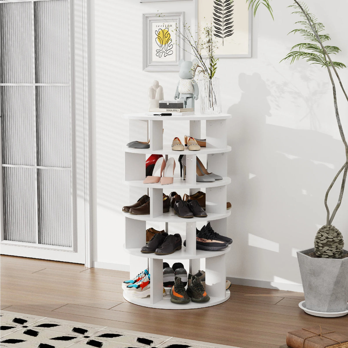 Rotating Shoe Tower 5 Tier Holds 24 Pairs for Closet Entryway (White)