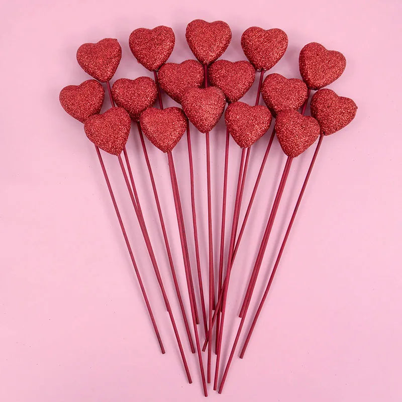 20Pcs Glitter Foam Heart Picks Stick for Valentines Day Gift Vase Decoration (Red)