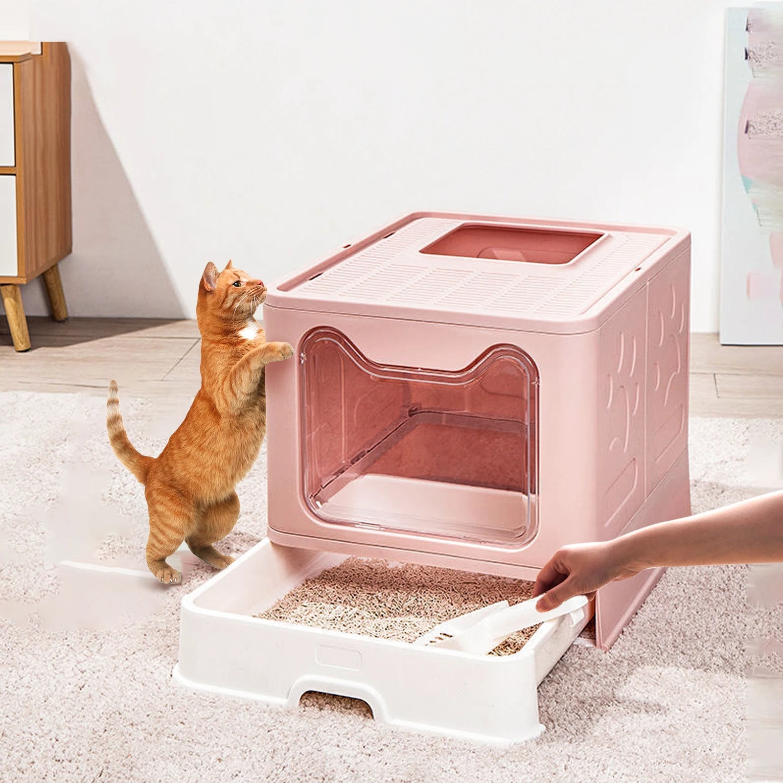 Enclosed Cat Litter Box Large Foldable Self-Cleaning Kitty Toilet with Scoop