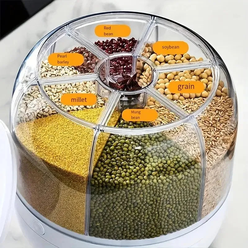360° Rotating Grain Dispenser – 6-Grid Airtight Cereal & Rice Storage Container