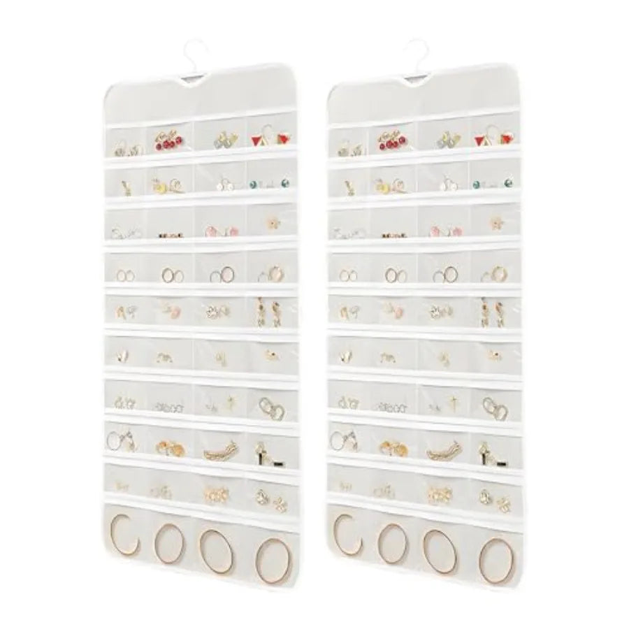 Hanging Jewelry Organizer, Double-Sided White Closet Jewelry Holder with Space-Saving Storage for Earrings, Rings, Bracelets &amp; Necklaces (White)
