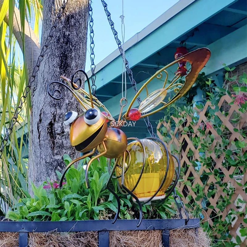 Solar Iron Insect Statue With LED Fairy Light Outdoor Waterproof Hanging Tree Ornament (Yellow Gold Bug)