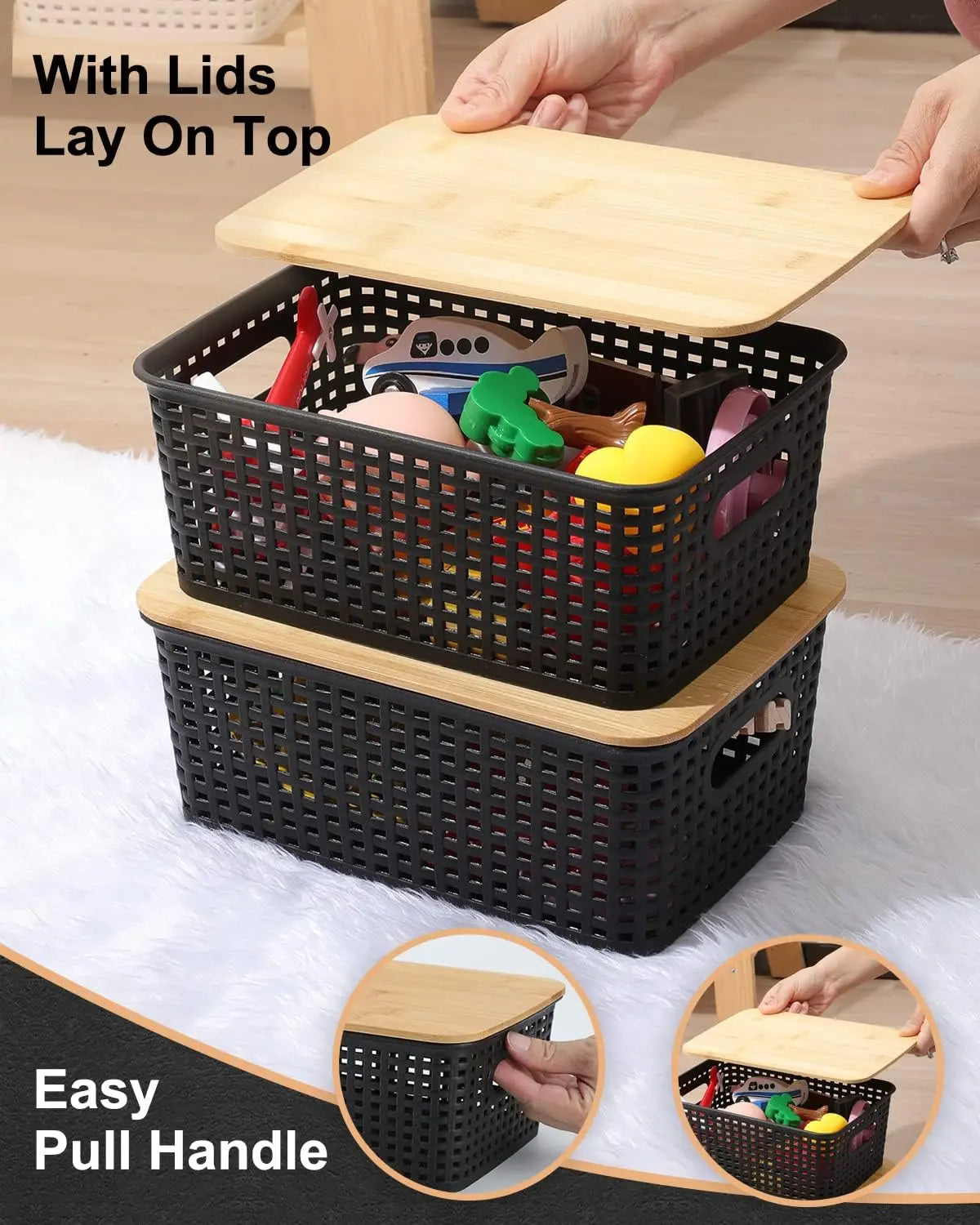 Plastic Storage Bins with Bamboo Lids 6PCS for Kitchen Room Bedroom Organizer