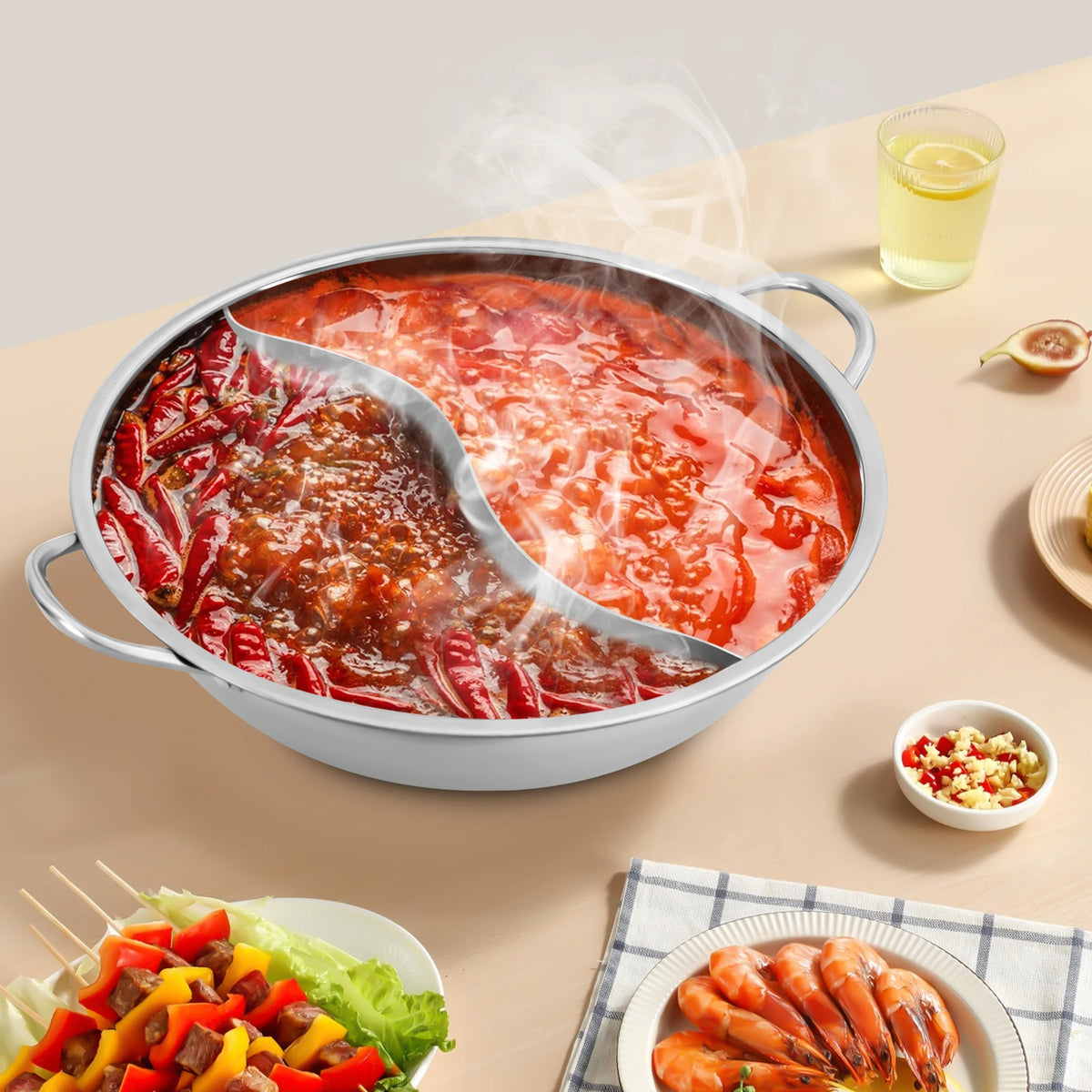 Stainless Steel Shabu-Shabu Hot Pot with Divider Glass Lid