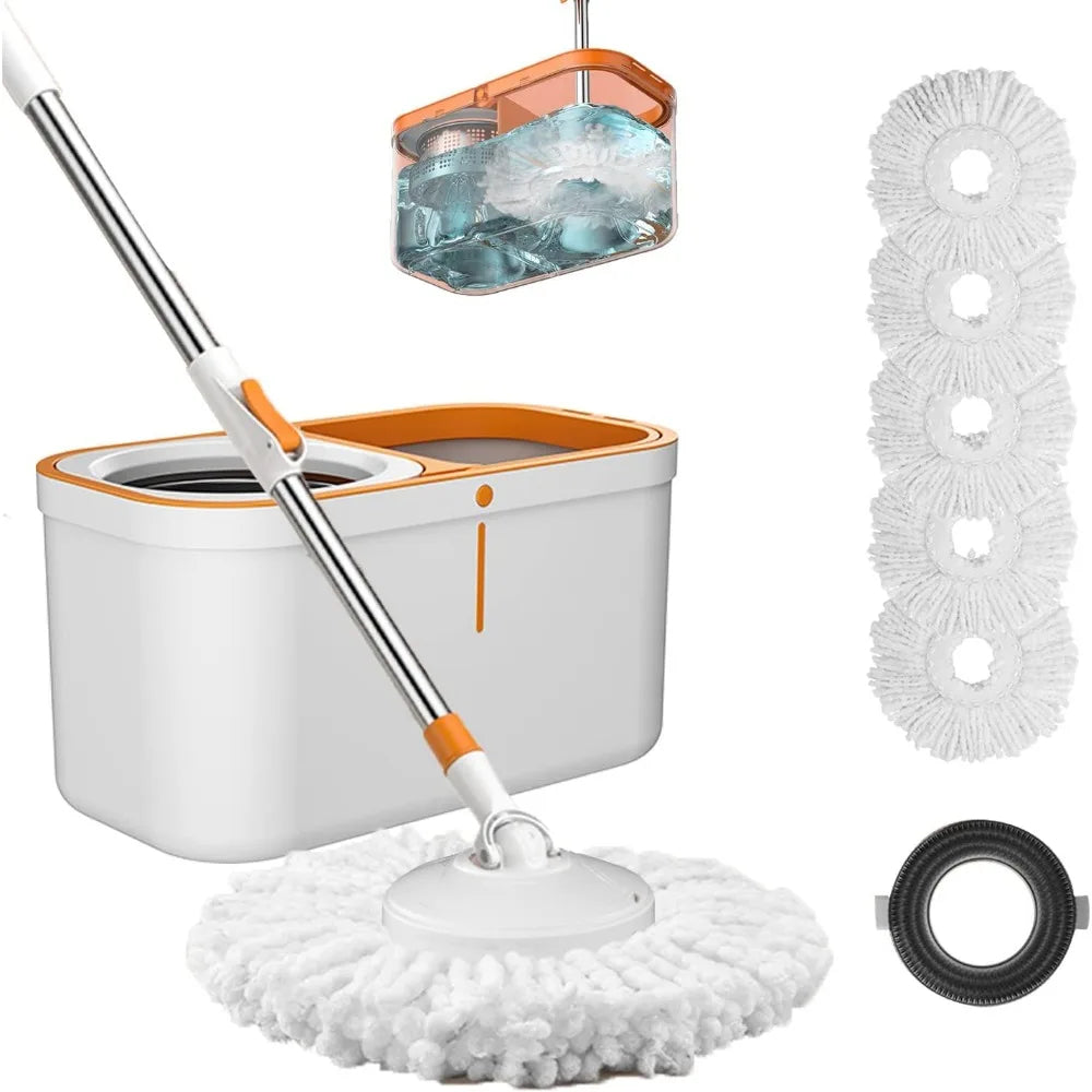 Spin Mop and Bucket Set with Wringer 61" Extra-Long Stainless Steel Handle