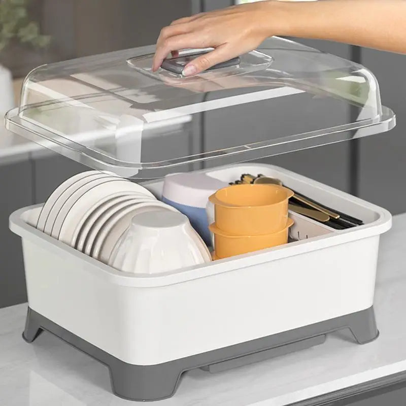 Countertop Dish Drying Box with Lid  Kitchen Organizer (Gray)