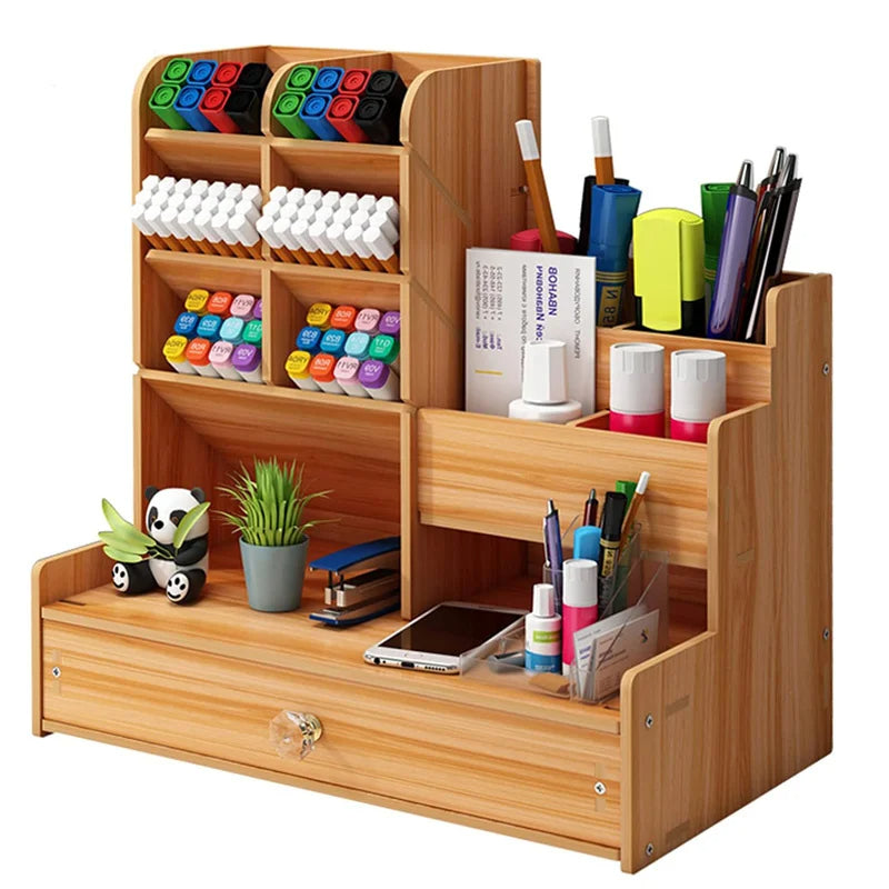 Wooden Desk Organizer with Drawer Large Capacity Stationery Storage for Home Office