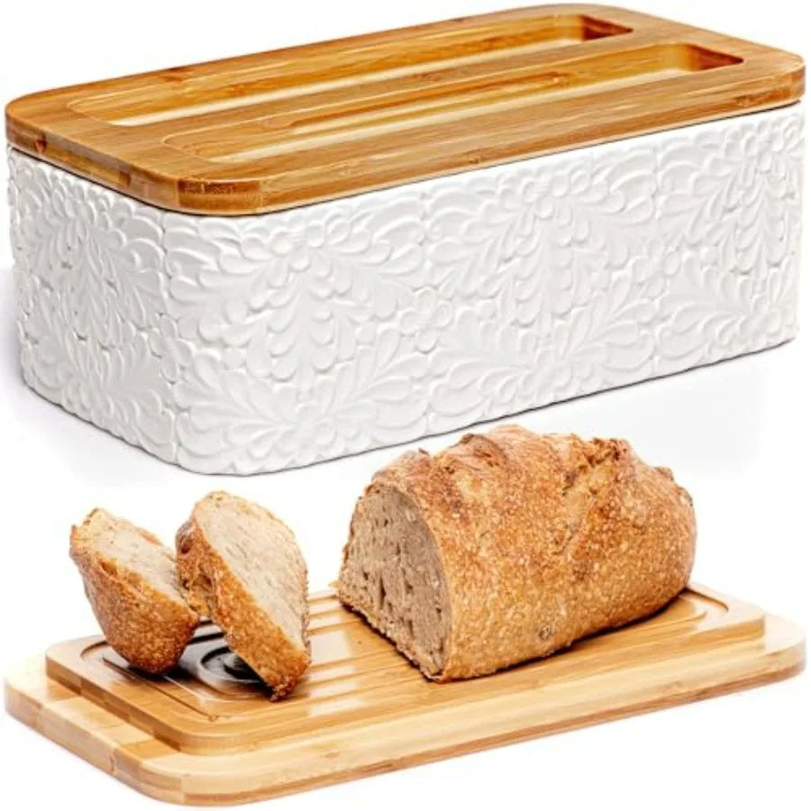 Ceramic Bread Box Storage Container with Thick Bamboo Cutting Board Lid for Kitchen Countertop