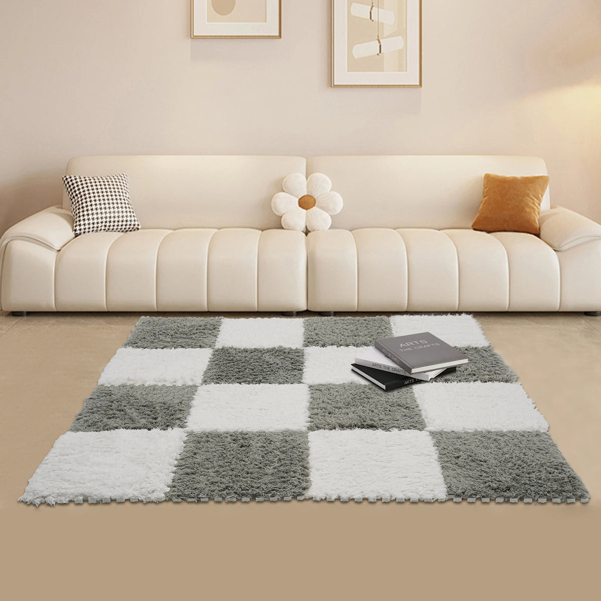 Fluffy Square Rugs for Kids Room 16-Piece Set Gray &amp; White
