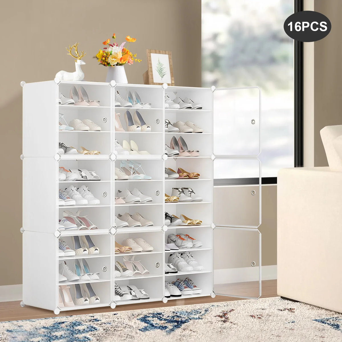 16PCS Stackable Shoe Rack Organizer – 96 Pair Large Shoe Storage Cabinet with Dividers