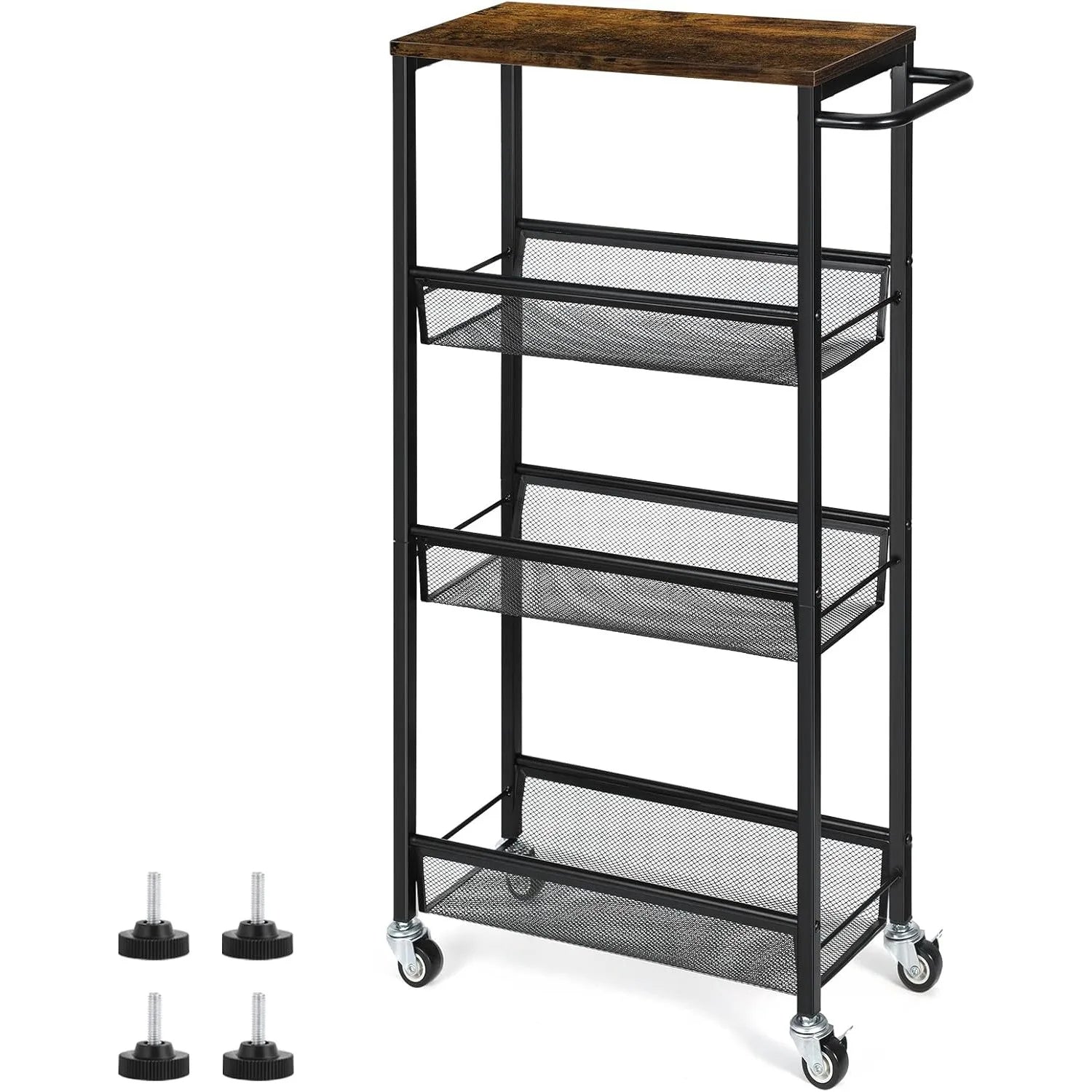 4-Tier Slim Rolling Cart with Wooden Top Metal Handle Space-Saving Storage Organizer for Small Kitchens