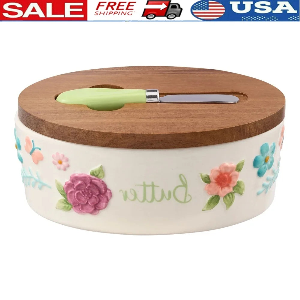 Handcrafted Painted Meadow Butter Dish Set