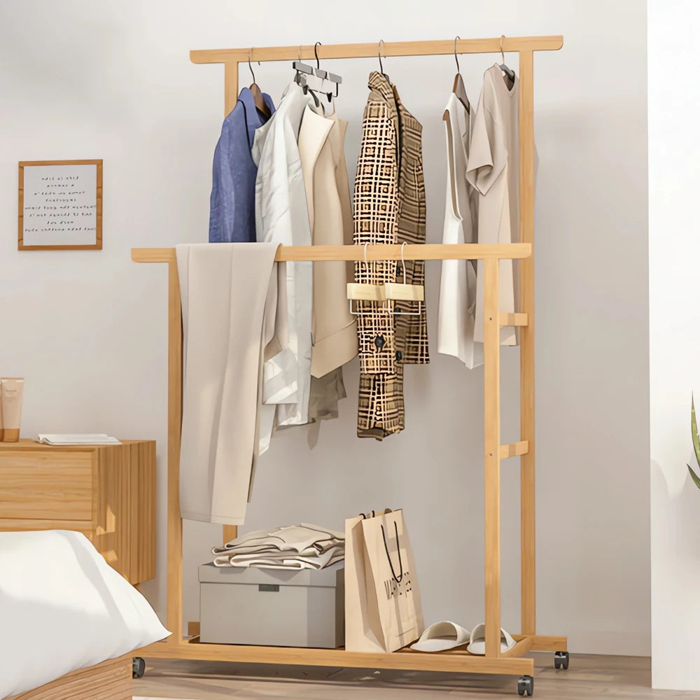 Bamboo Double Clothes Rack with Wheels and Shelves
