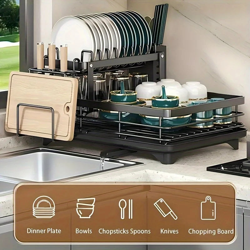 Extendable 2-Tier Dish Rack Organizer Large-Capacity Utensil Drainer (Black)