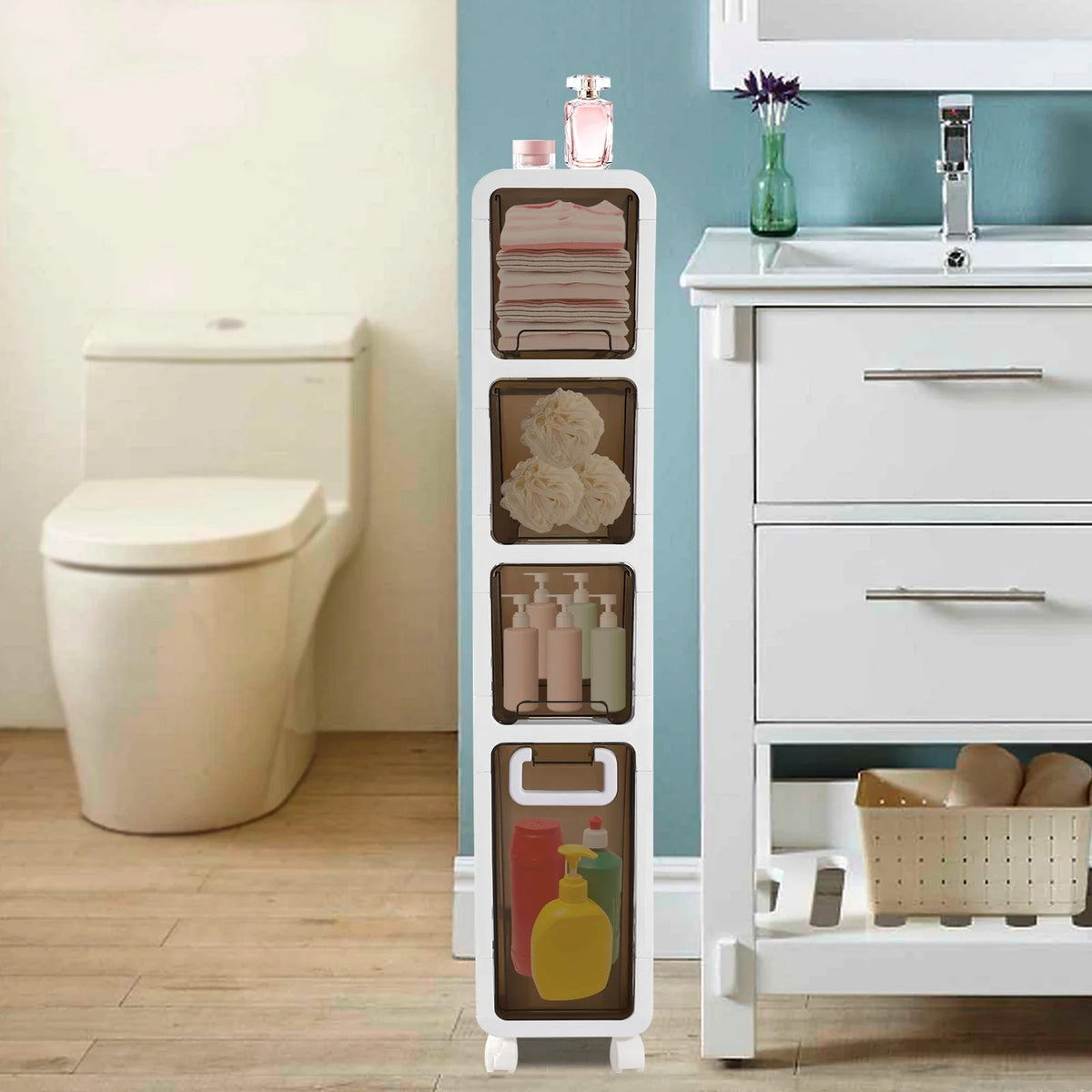 Slim Bathroom Storage Cabinet Narrow Toilet Paper Organizer &amp; Space Saver