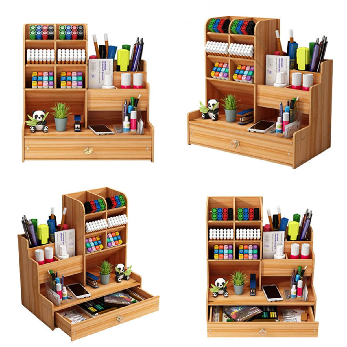 Wooden Desk Organizer with Drawer – Multi-Compartment Pen Holder and Stationery Storage Box for Office, Study Room &amp; Home