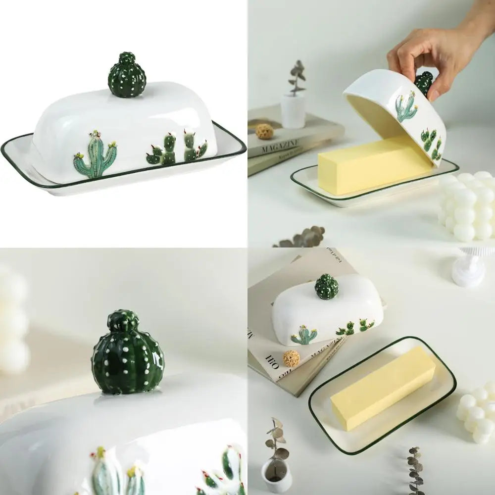 Embossed Cactus Pattern Ceramic Butter Dish