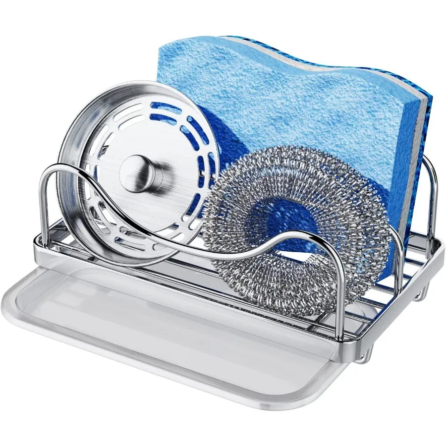 Movable Sink Caddy Organizer – 304 Stainless Steel Sponge Holder for Kitchen Countertop with Detachable Drip Tray