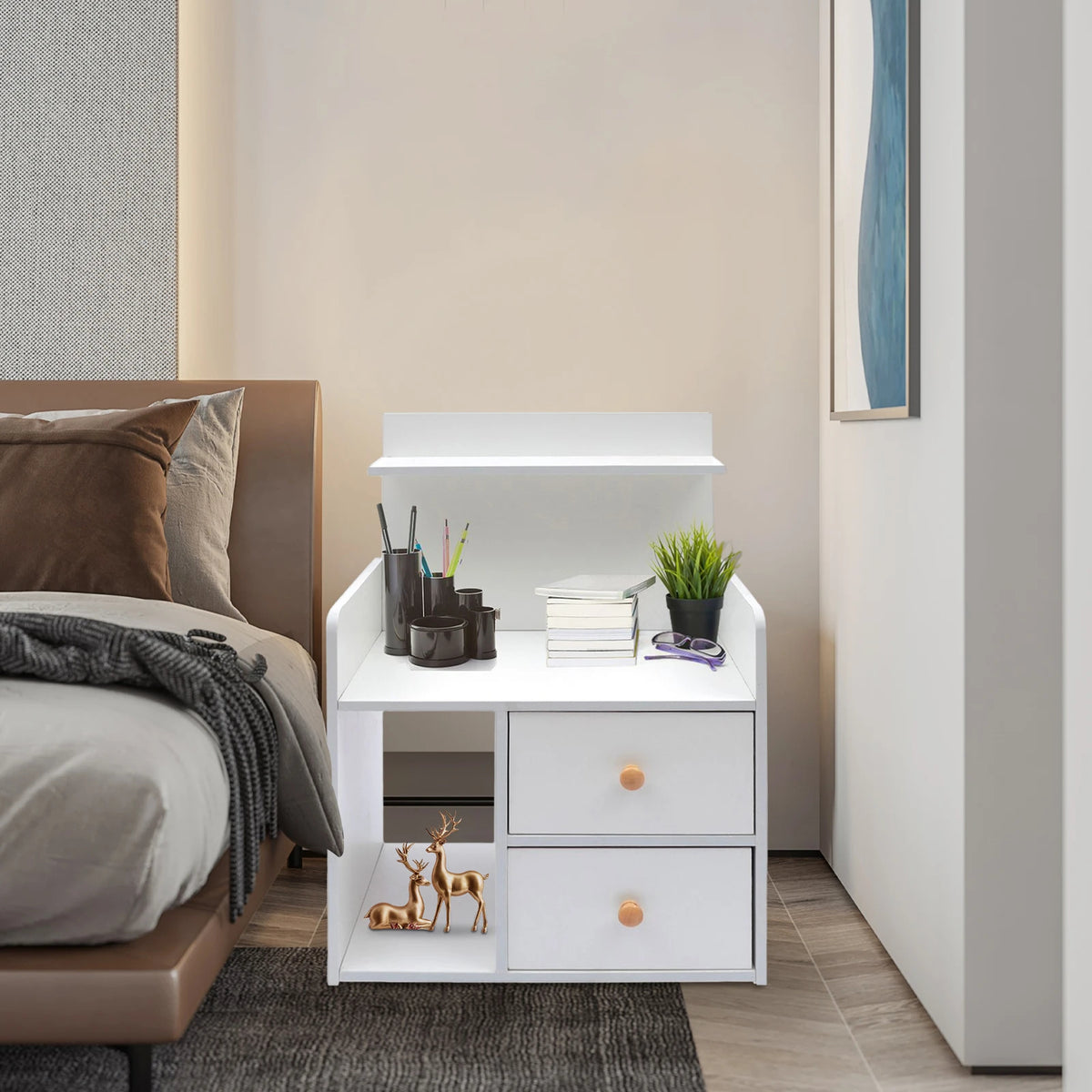 Elegant Nightstand with 2 Drawers and Cabinet Large Storage End Table Organizer