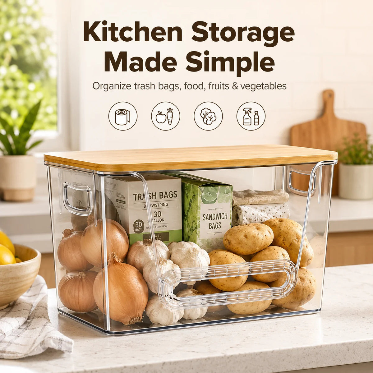 Bamboo Lid Refrigerator Storage Organizer, Transparent Stackable Fridge Storage Bin with Pull Handle, Food &amp; Beverage Organizer for Juice, Dairy, Produce, Pantry &amp; Kitchen Countertop