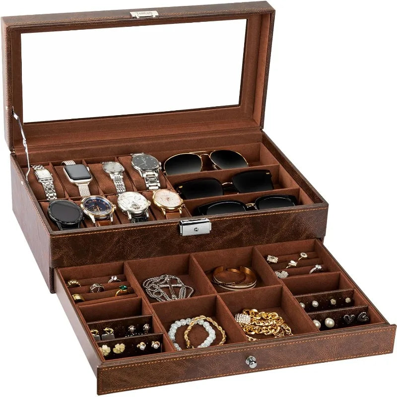 Watch Organizer Box 2-Tier with Clear Glass Top Jewelry Storage