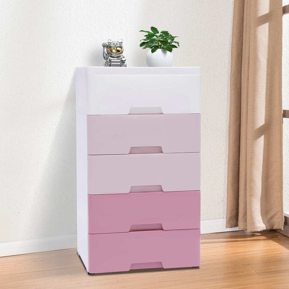 Tall 5-Drawer Pink Gradient Storage Organizer 17.1&quot; Wide Stackable Plastic Cabinet for Clothes/Toys (22lbs Capacity)