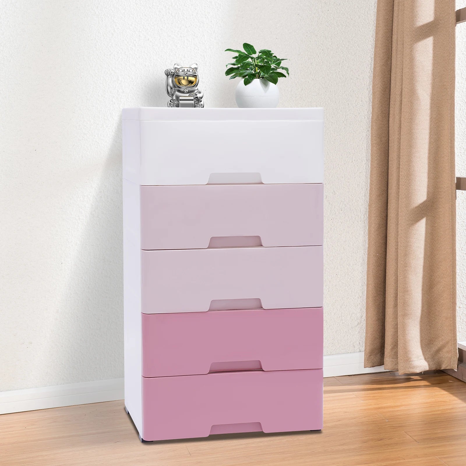 Tall 5-Drawer Pink Gradient Storage Organizer 17.1" Wide Stackable Plastic Cabinet for Clothes/Toys (22lbs Capacity)
