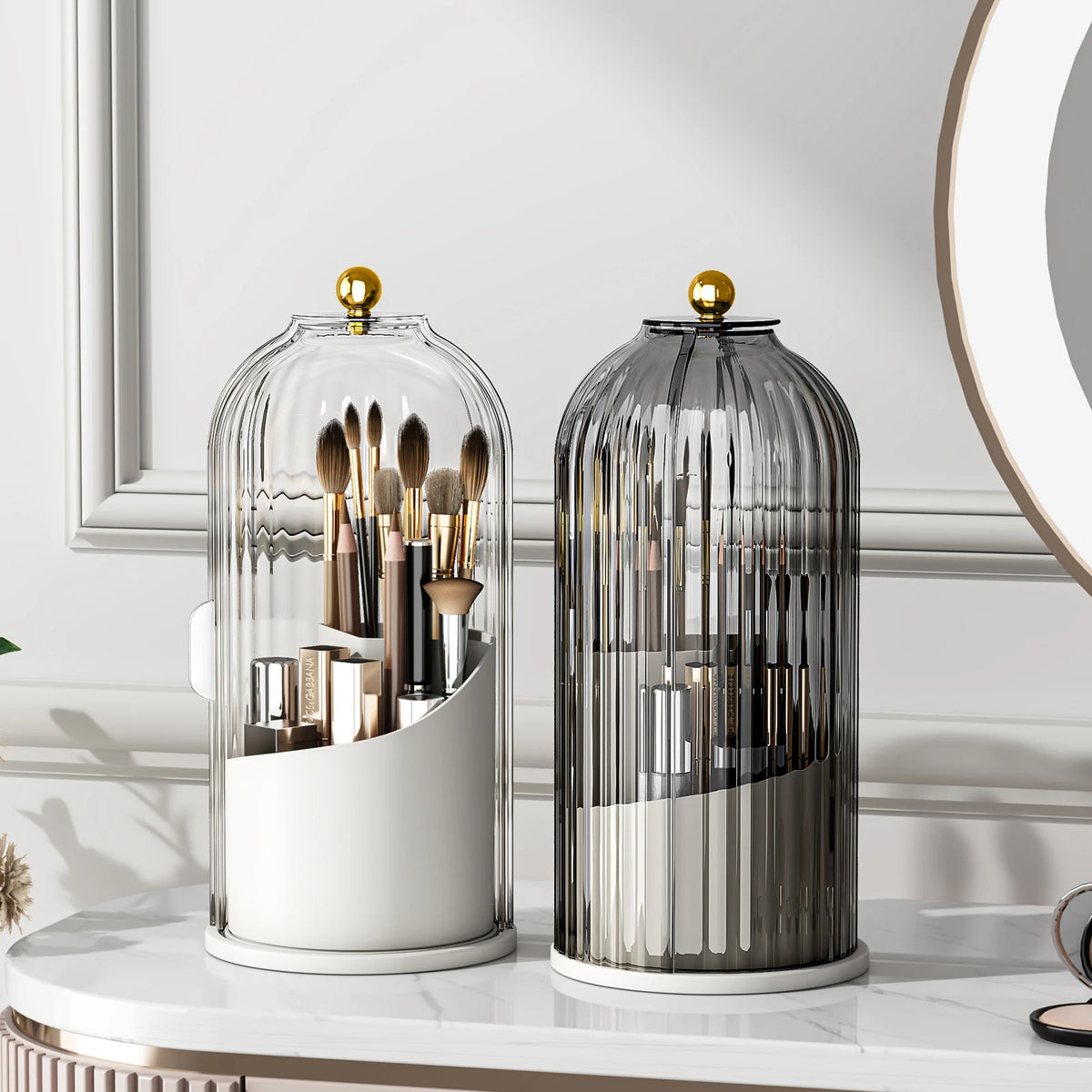 Rotating Makeup Brush Holder with Clear Lid and 3 Compartments (White)