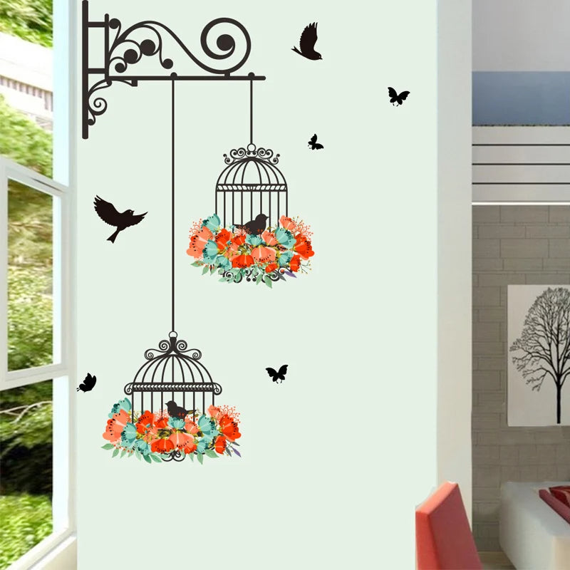 Colorful Flower Birdcage Flying Birds Wall Sticker Creative Home Decor