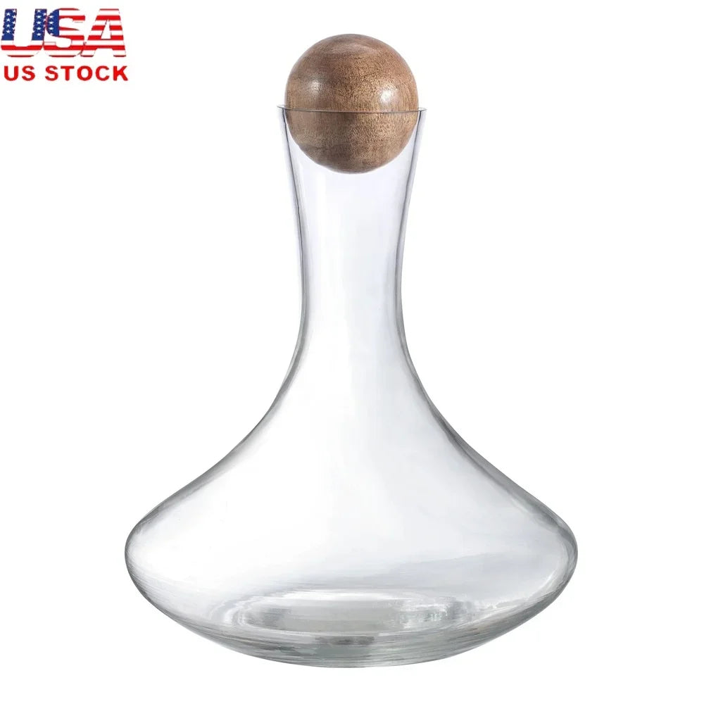 Elegant Glass Wine Decanter with Wooden Sphere Stopper