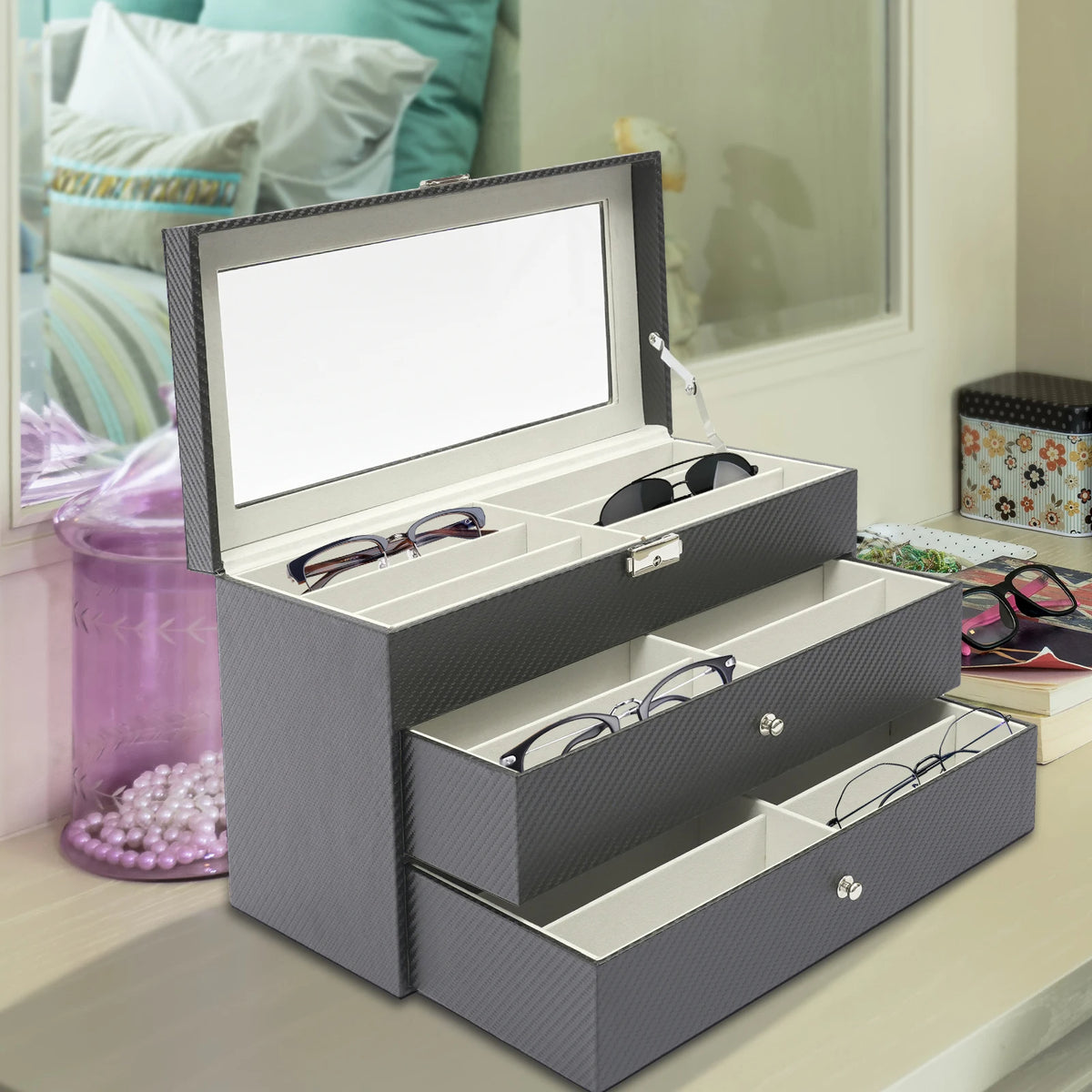 Display Case 18-Slot Eyeglass Storage Box with Drawer (Black)