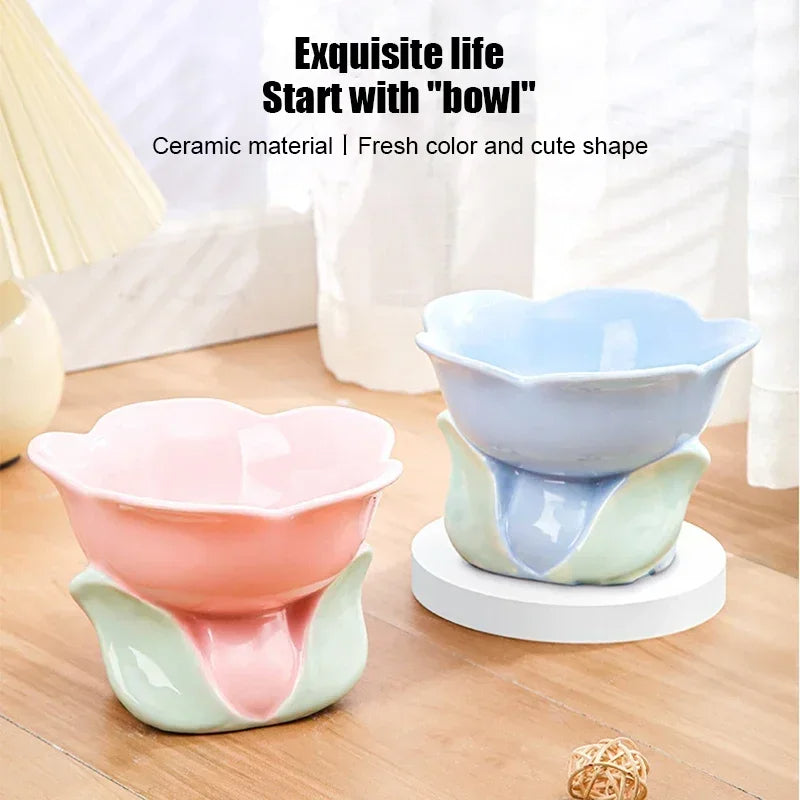 Raised Ceramic Cat Bowl Flower Pet Feeder for Small Dogs (Blue)