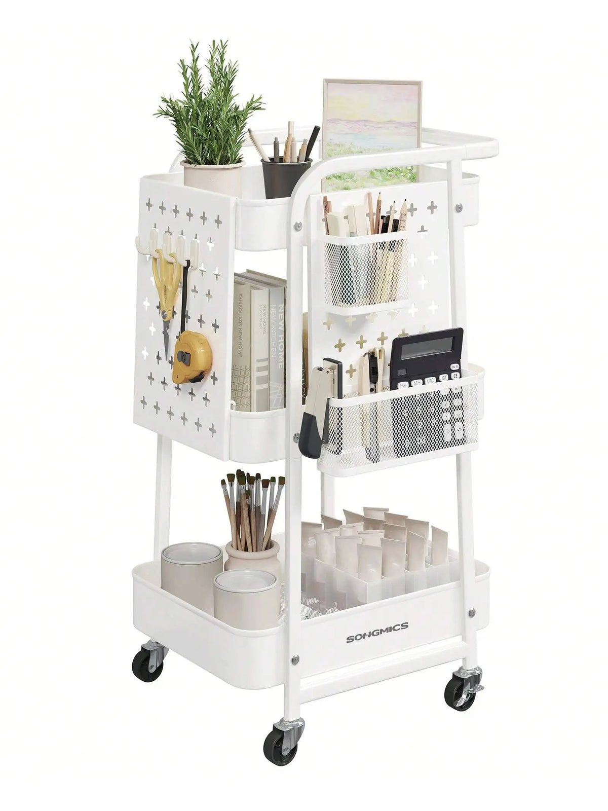 Rolling Utility Cart Metal Mesh 3-Tier Storage Shelves with Pegboards &amp; Hooks (White)