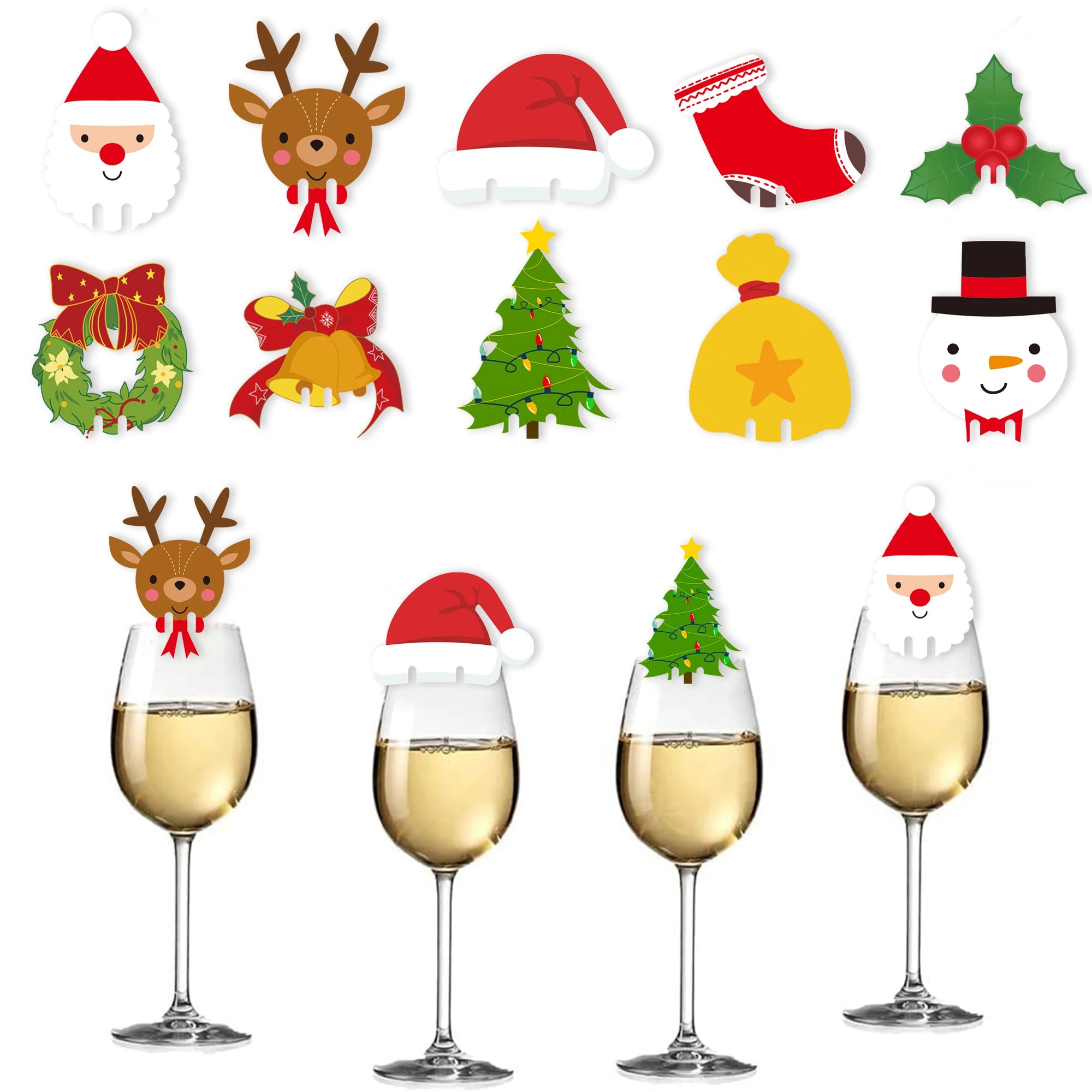 100pcs Christmas Wine Glass Decoration Santa Hat Xmas Tree Snowman Cup Card