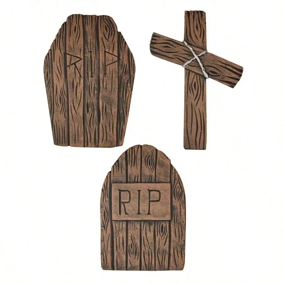Set of 3 Realistic Wood Grain Halloween Tombstones