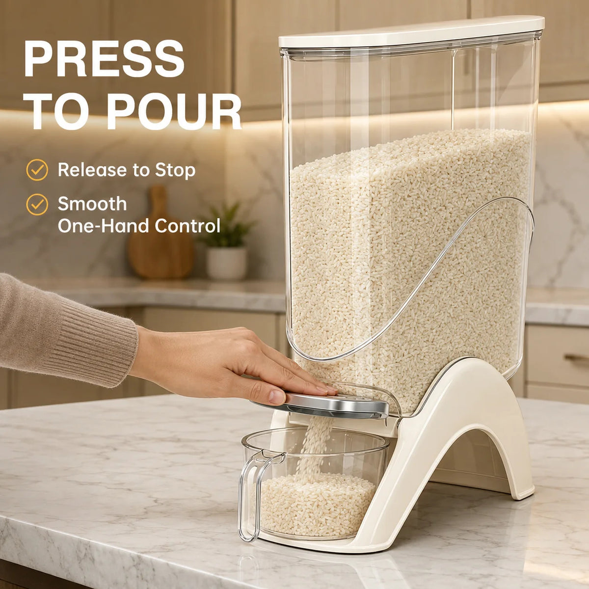 Slim Rice Storage Container 12LBS Vertical One-Touch Automatic Food Dispenser with Measuring Cup, Airtight Dry Food Storage Bin for Rice, Beans &amp; Grains, Space-Saving Kitchen Organizer