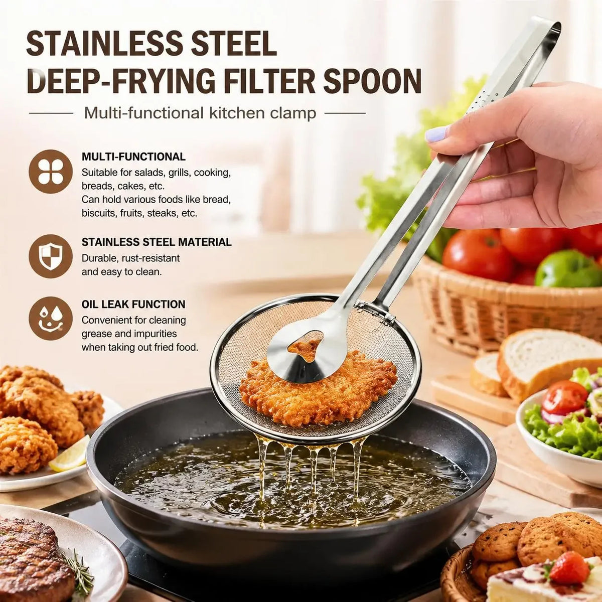 Stainless Steel Fine Mesh Strainer Spoon with Clip – Heat-Resistant Oil Filter Colander for Fried Food, Soup, Sauce, Pasta, Vegetables, Salad &amp; BBQ Cooking