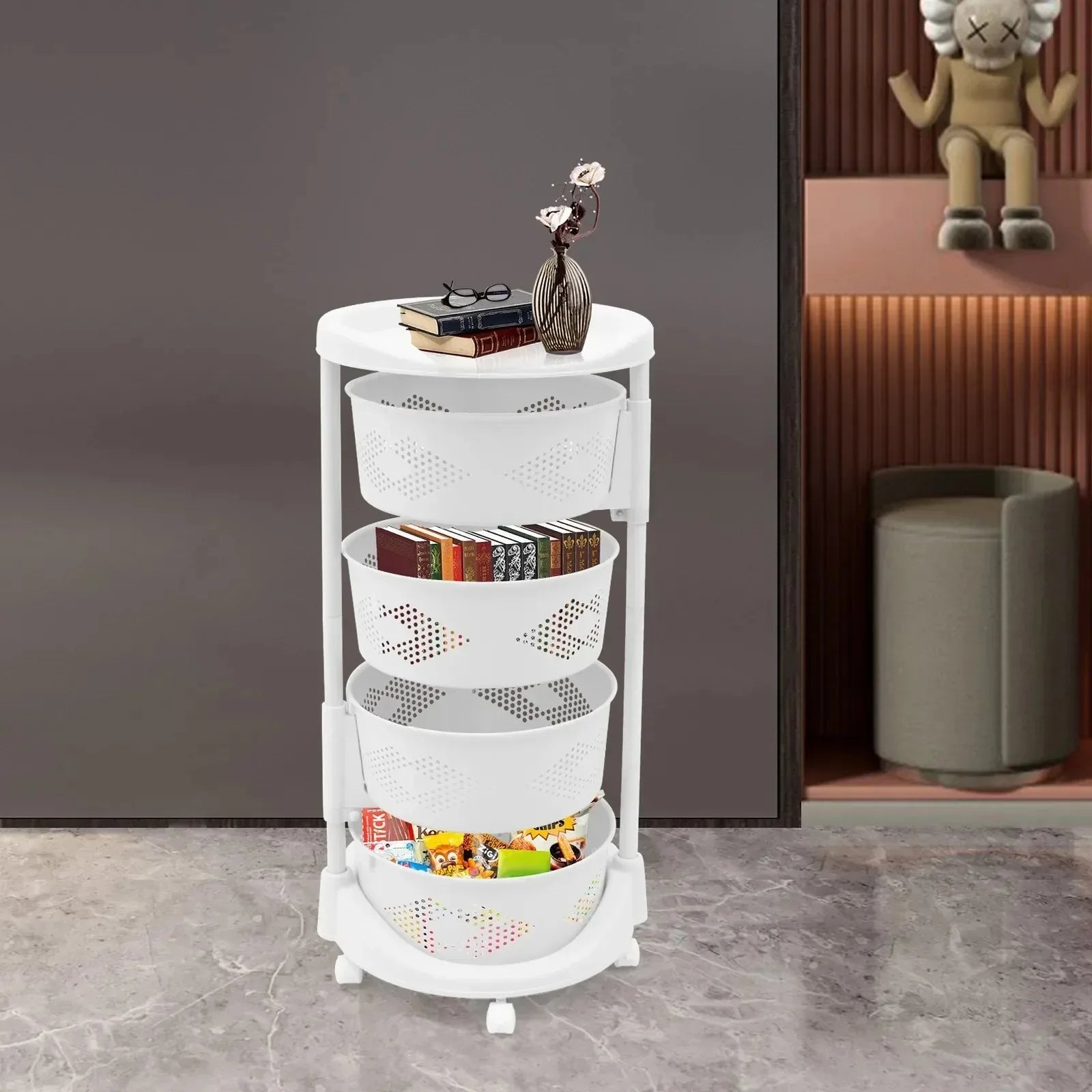 Rotating Kitchen Storage Cart with Wheels for Living Room